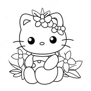 Page à colorier Hello Kitty mignonne avec des fleurs | Page de coloriage Hello Kitty et Cher Daniel