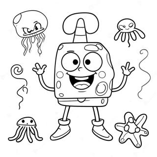 Page à colorier de SpongeBob heureux avec une méduse | Page de coloriage Bob l'éponge et Patrick