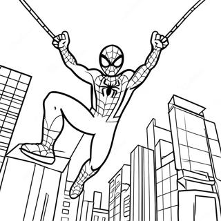 Page à colorier de Spiderman aventurier se balançant à travers la ville | Page de coloriage Spiderman mignon