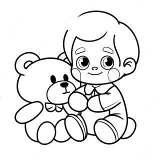 Page à colorier de garçon mignon avec un ours en peluche pour la Saint-Valentin | Page de coloriage Garçon Saint-Valentin