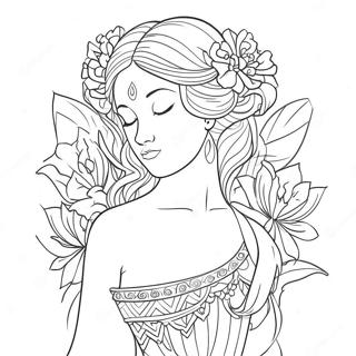 Page à colorier de déesse élégante avec des fleurs | Page de coloriage Déesse