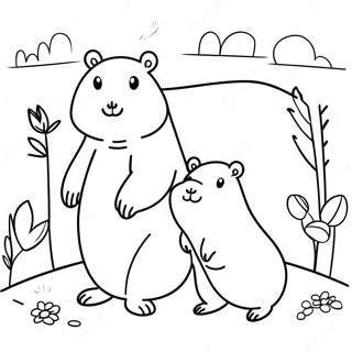 Page à colorier de la famille de capybaras mignons | Page de coloriage Capybara
