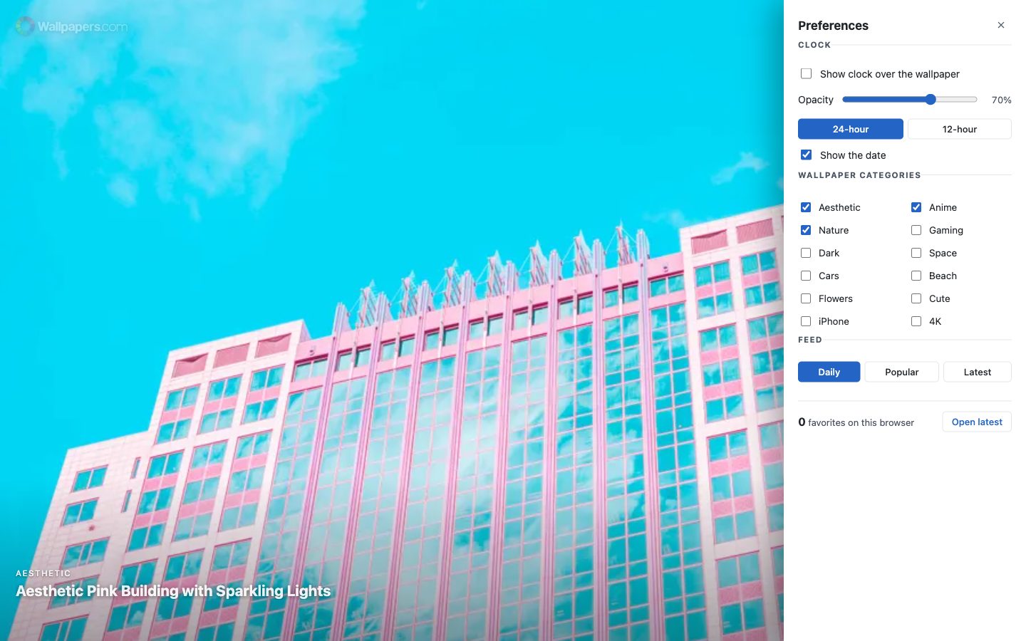 Le panneau Préférences avec les réglages de l'horloge, douze catégories de fonds d'écran et les options de flux Quotidien, Populaire et Récent