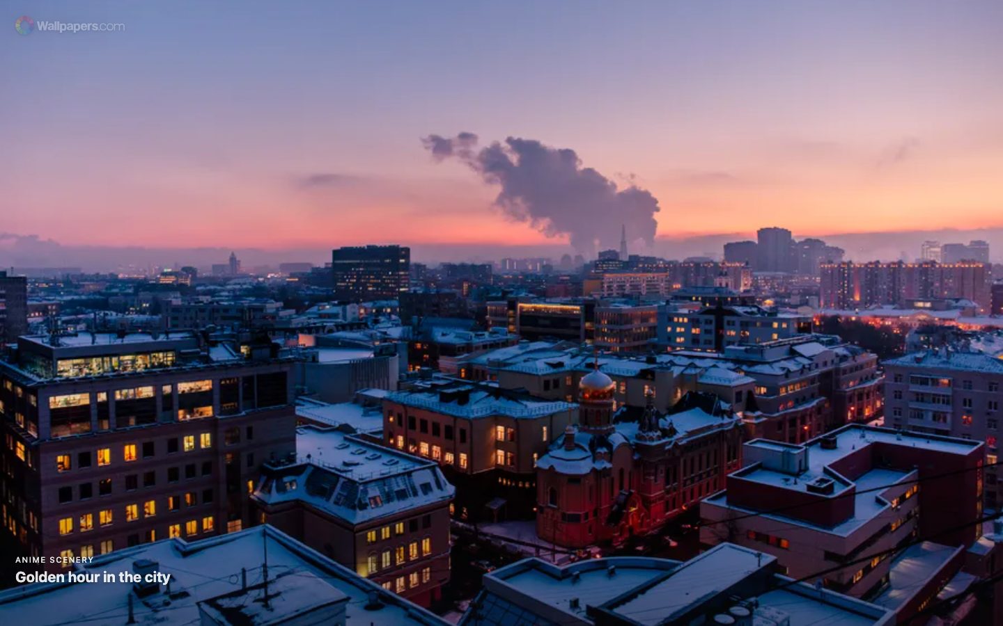 Un nouvel onglet Chrome affichant un fond d'écran de skyline urbain en plein écran à l'heure dorée, avec le logo Wallpapers.com et le titre du fond d'écran